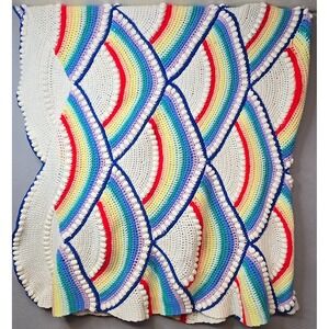 Vintage Handmade Crochet Afghan Rainbows & Clouds Blanket‎ Signed Throw Retro